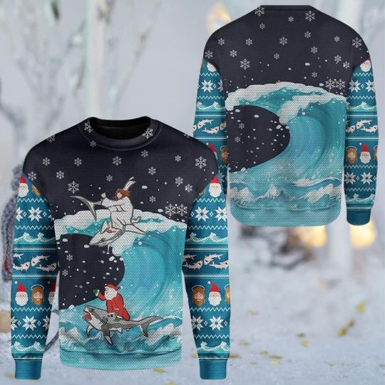 Discover Surfing Santa & Shark Ugly Christmas Sweater, Ocean Wave Holiday Pullover, Funny Winter Unisex Jumper with Snowflakes