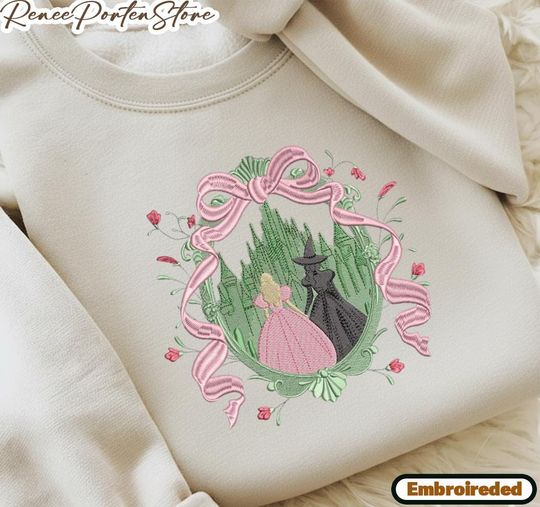 Embroidered Coquette Bow Wicked Sweatshirt, Glinda and Elphaba Shirt, Retro Wizard of Oz Crewneck, Defying Gravity Outfit, Broadway Gift