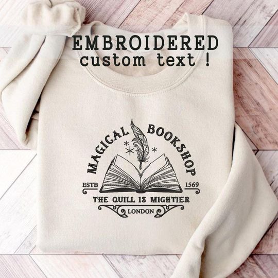 Discover Custom Wizard Wand Shop Embroidered Sweatshirt, Wizard Hoodie, Wizard Book Shop, Gift For Book Nerd, Bookish Pullover, Harry Shirt
