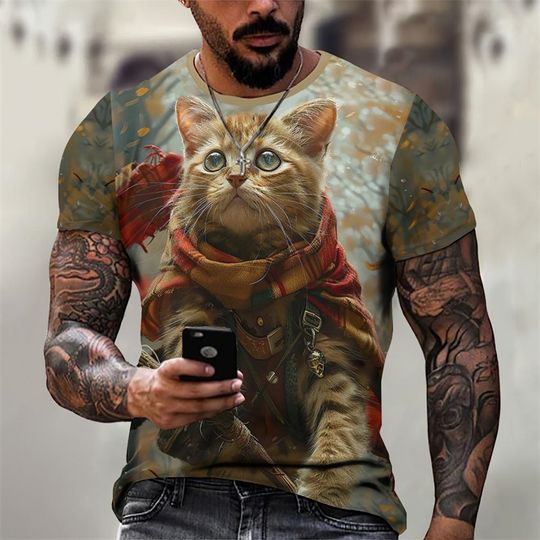 3D Printed Magical Poster Wizard Cat T Shirt For Men Funny Cute Animal Pattern T-Shirts Summer Short Sleeve Round Neck Tops Tees