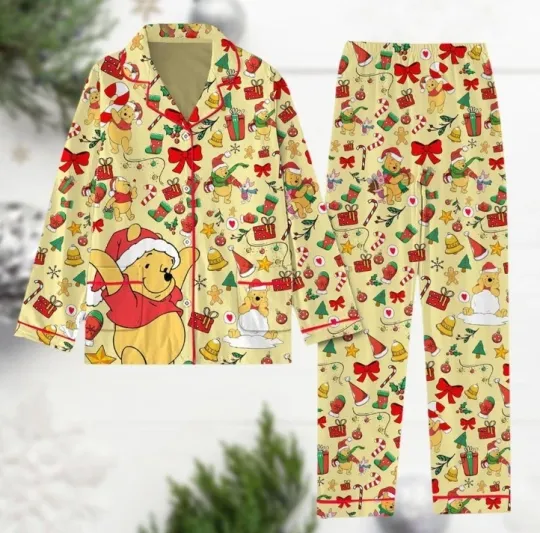 Discover Pooh Christmas Pajama Set Bear Santa Hat Cartoon Xmas Sleepwear for Adults