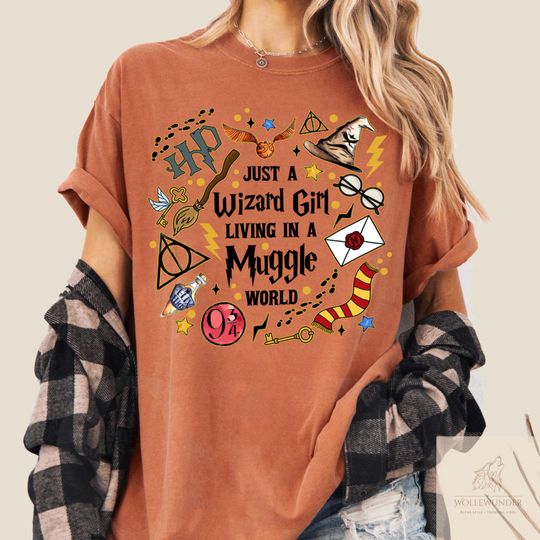 Discover Just A Wizard Girl Living In A Muggle World Shirt, Magical Hat Shirt, Wizard Castle Shirt, Magic Shirt, Magic Lover, Book Lover Gift