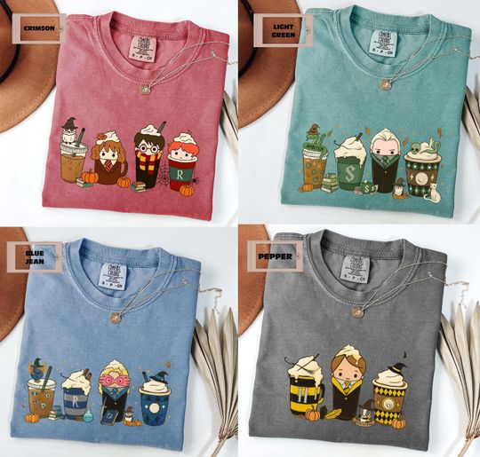 Discover Wizard Coffee Characters Shirt, Comfort Colors Magic House T-Shirt, Fantasy Latte Graphic Tee, Cozy Fall & Halloween Outfit