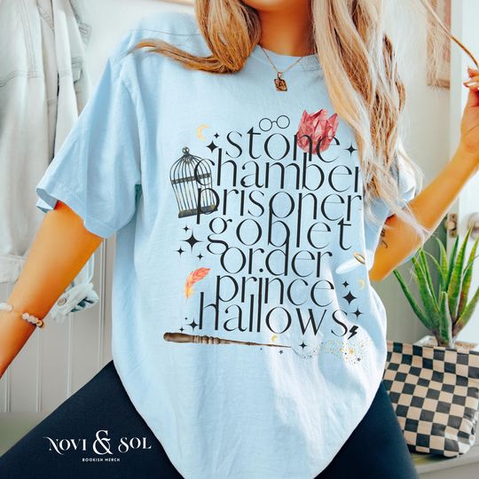 Discover Potter Book Titles Comfort Colors T-shirt, Bookish Fandom Tee, Magic Shirt for Wizard Fan, Gift for HP Book Readers