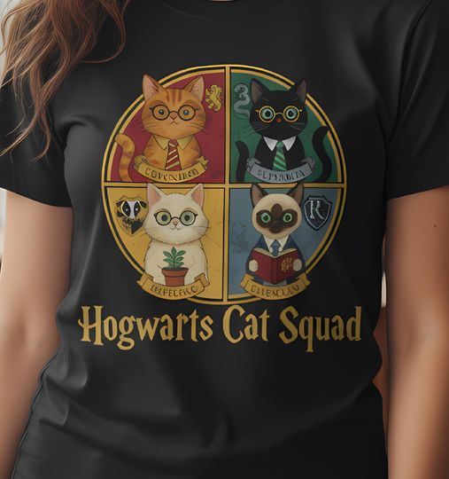 Hogwarts Cat Squad T-Shirt, Harry Potter Cats Shirt, Wizarding World Feline Fan, Gryffindor Slytherin Hufflepuff Ravenclaw Cat Lover Gift