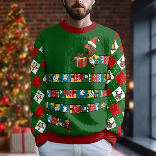 Discover Funny Dachshund Pattern Ugly Christmas Sweater For Men Fashion Xmas Holiday 3D Printed Sweatshirts Casual Crew Neck Pullovers