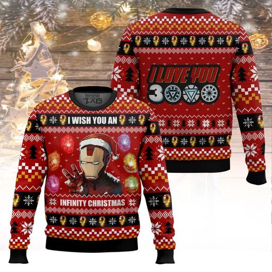 Marvel Q-Version Iron Man Infinite Gems Christmas Ugly Sweater In Red Gold Black Color Scheme Atmosphere Dressing