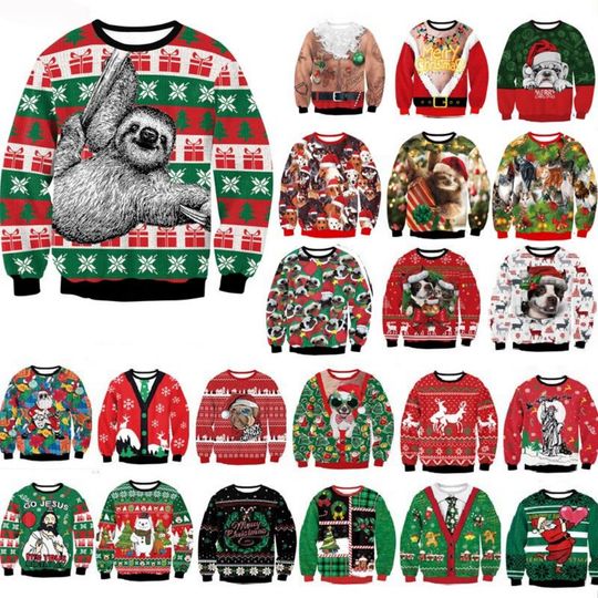 Discover Men Women Autumn Winter Ugly Christmas Sweatshirt Holiday Party Jumper Tops 3D Christmas Tree Gift Sloth Printed Xmas Sweatshirt