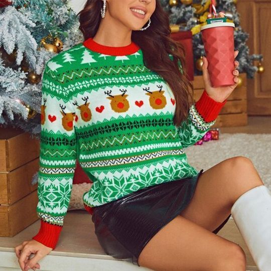 Green Christmas Sweater Women 2025 New Year Xmas Ugly Sweater O-neck Cartoon Elk Loose Pullover Top Jumper Fall Winter 39955