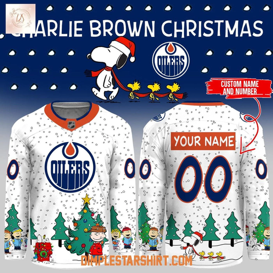 Personalized Edmonton Oilers Cartoon Christmas White Hockey Shirt Men's Fan Gear