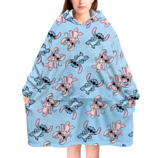 Ladies Disney Stitch And Angel Oversized Fleece Blanket Hoodie One Size W23