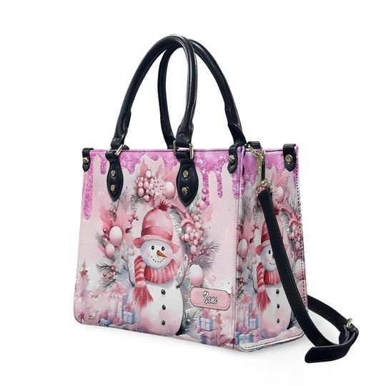 Personalized Pink Snowman Tote Handbag, Custom Name Christmas Purse with Festive Holiday Design, Cute Winter Gift Bag for Her