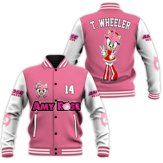 Personalized Amy Rose Varsity Jacket, Custom Sonic the Hedgehog Baseball Jacket