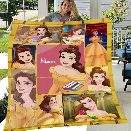 Personalized Belle Princess Blanket, Custom Name Beauty And The Beast Blanket, Birthday Gift