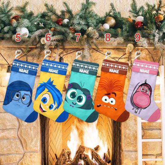 Discover Personalized Inside Out 2 Costume Stockings, Inside Out 2 Characters Christmas Stockings With Name, Joy Anxiety Fear Disgust Sadness Envy