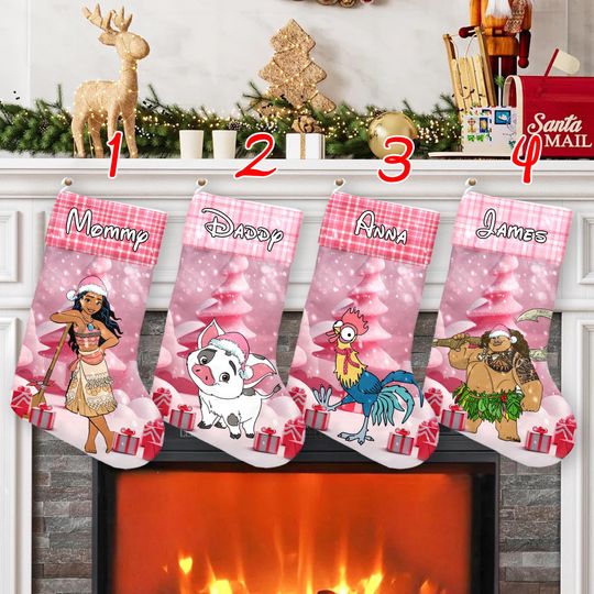 Personalize Moana Christmas Tree Xmas Stocking, Moana Pink Pastel Christmas Stockings, Maui Hei Hei Pua Christmas Socks Home Decoration