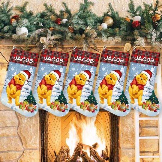 Discover Pooh Bear Xmas Stocking, Winnie The Pooh Christmas Stockings, Pooh Bear Christmas Socks Home Decoration, Custom Name Stockings