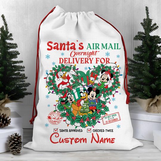 Discover Personalized Disney Mickey and Friends Santa's Mail Drawstring Sack, Mickey Mouse And Friends Xmas Sack, Christmas Bag Gift For Kid