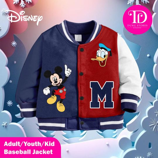 Discover Mickey and Donald Friends Varsity Jacket, Kids & Adult Unisex Baseball Jacket, Disney Cartoon Streetwear, Matching Family Outfit