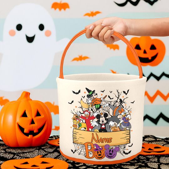 Discover Personalized Disney Halloween Basket Bag, Mickey & Friends Trick or Treat Basket, Custom Name Ghost Bag for Kid, Pumpkin Halloween Candy Bag