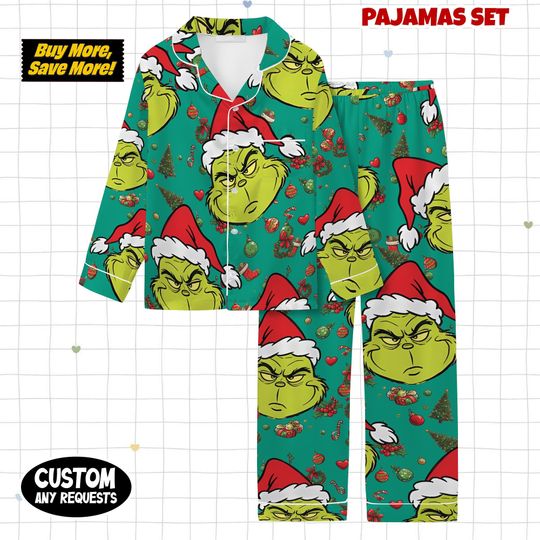 Discover Green Funny Character Pajama Set for Adults, Family Christmas Sleepwear