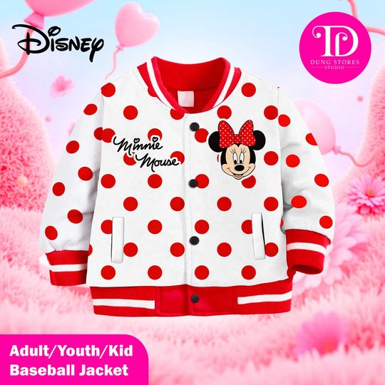 Discover Minnie Mouse Polka Dot Baseball Jacket, Disney Varsity Jacket for Kids Youth Adult, Matching Family Outfit, Cute Minnie Gift