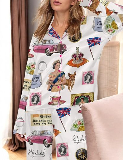 Discover Queen Elizabeth II Inspired Pajama Set with Royal Hat, Car, and British Flag Print