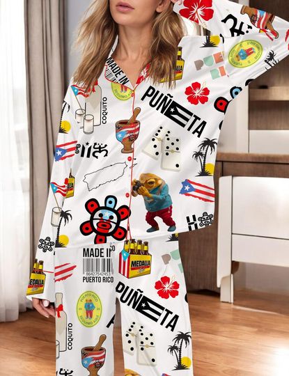 Discover Puerto Rico Inspired Pajama Set with Coquito Bottle and Hibiscus Print