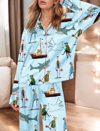 Discover Shark Silky Pajama Set, Ocean-Themed Sleepwear with Fishermen and Shark Print, Blue White Black