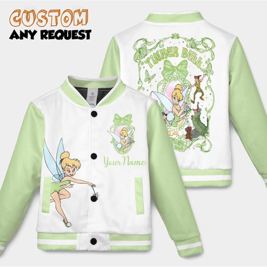 Discover Custom Disney Tinker Bell Varsity Jacket, Personalized Tinker Bell Baseball Jacket, Kids Youth Adult Varsity Jacket