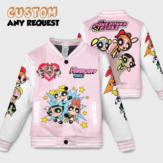 Personalized Powerpuff Girls Baseball Jacket, Custom Cartoon Varsity Jacket, Blossom Bubbles Buttercup Jacket, Anime Team Outfit