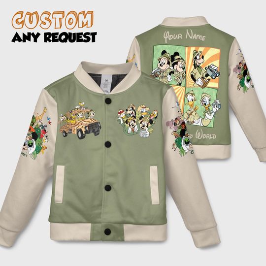 Discover Custom Name Mickey Safari Park Friends Kids and Youth Baseball Jacket, Aldult Unisex Varsity Baseball Jacket