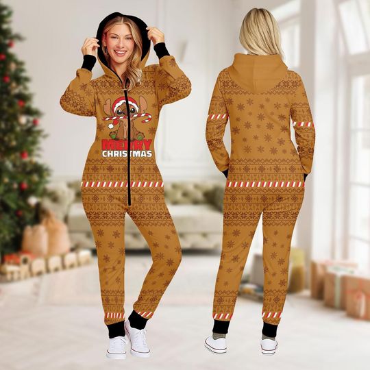 Discover Merry Stitchmas Christmas Onesie, Cute Stitch Candy Cane Jumpsuit, Cozy Holiday Pajamas for Family Gift