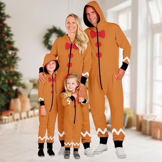 Gingerbread Christmas Onesie Jumpsuit for Women Men Kids, Cozy Holiday Pajamas