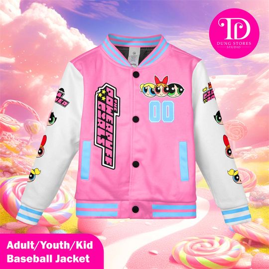 Personalized Powerpuff Girls Baseball Jacket, Custom Cartoon Varsity Jacket, Blossom Bubbles Buttercup Jacket, Anime Team Outfit