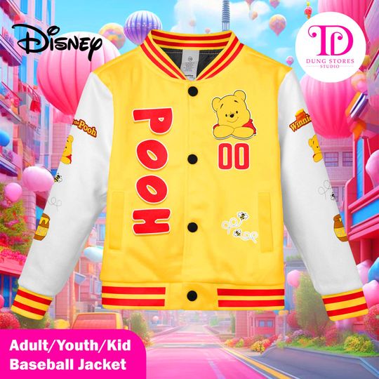Discover Custom Winnie the Pooh Varsity Jacket, Personalized Disney Baseball Jacket, Kids Youth Adult Pooh Jacket, Cute Cartoon Outfit