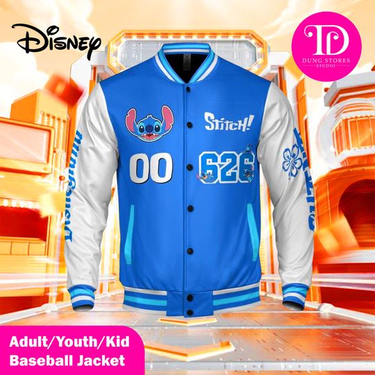 Personalized Stitch Alien 626 Varsity Jacket, Blue Disneyland Jacket, Matching Family Jersey, Stitch Birthday Gift, Stitch Fan Jacket