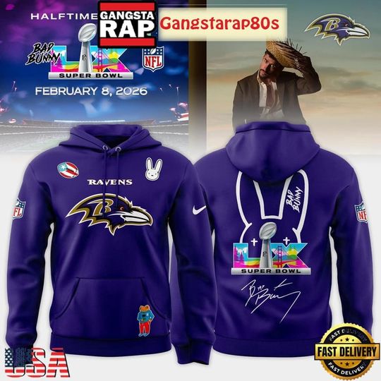 Discover B@ltim@re R@vens B@d Bunny 2026 Super Bowl LX Hoodie Unisex