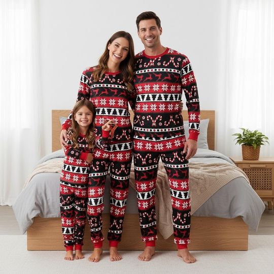 Discover Christmas Reindeer Long Sleeve Pajamas Set, Festive Christmas Pajamas Family, Cozy Matching Pajamas For Party, Holiday Gift