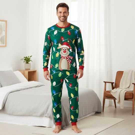 Christmas Reindeer Long Sleeve Pajama Set for Adults, Festive Holiday Family Matching Sleepwear