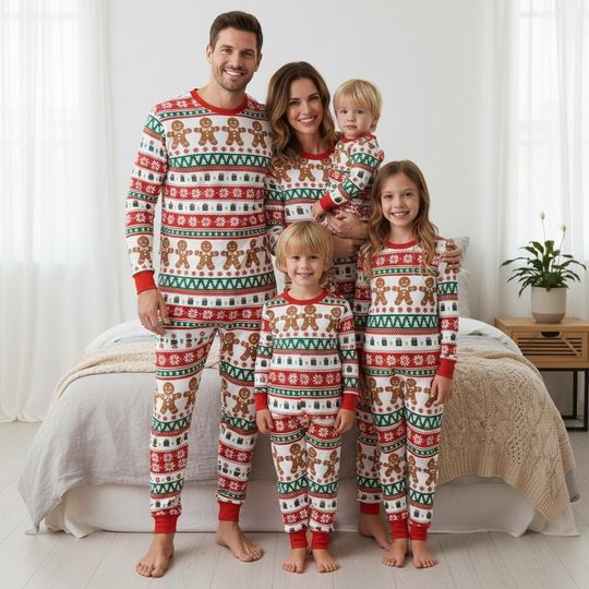 Discover Gingerbread Long Sleeve Pajamas Set for Adults, Holiday Family Matching Christmas PJs