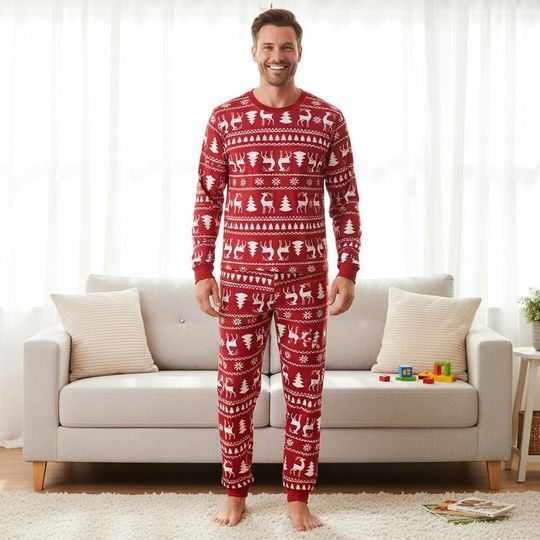 Discover Reindeer Long Sleeve Pajama Set - Christmas Family Holiday Loungewear