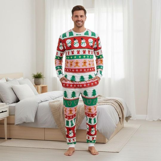 Discover Christmas Gingerbread Family Pajama Set, Long Sleeve Holiday Sleepwear for Adults