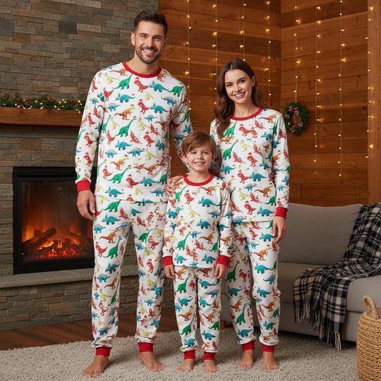 Dinosaur Long Sleeve Pajama Set for Adults, Christmas Family Matching Sleepwear, Cozy Holiday Pajamas