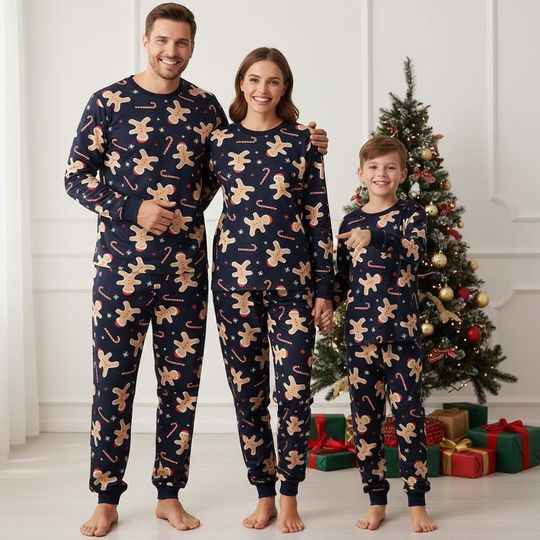 Gingerbread Long Sleeve Pajama Set for Adults, Christmas Family Holiday Matching Pajamas