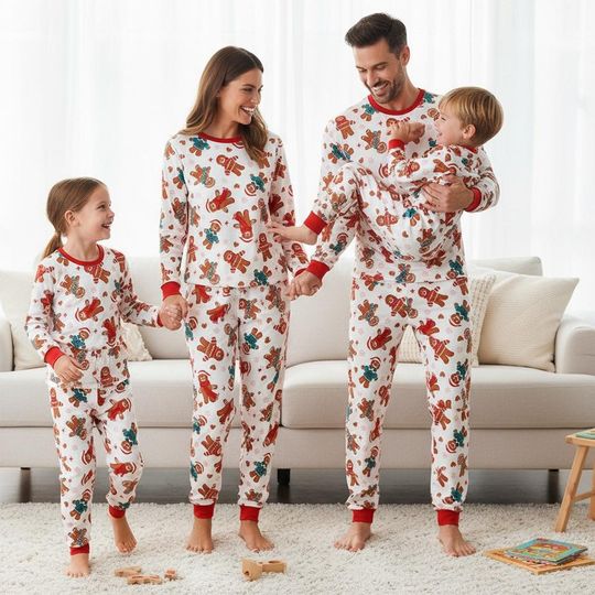 Discover Gingerbread Long Sleeve Pajamas Set for Adults, Holiday Christmas Family Matching Sleepwear