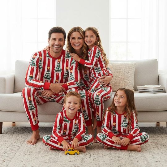 Discover Christmas Tree Long Sleeve Pajamas Set for Adults, Festive Holiday Family Matching Sleepwear