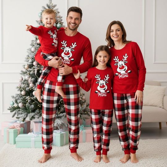 Discover Reindeer Long Sleeve Pajama Set for Adults, Christmas Deer Family Matching Sleepwear