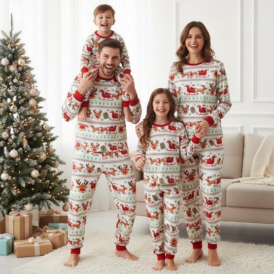 Discover Reindeer Long Sleeve Pajamas Set for Adults, Santa Christmas Holiday Matching Pajamas, Cozy Xmas Sleepwear
