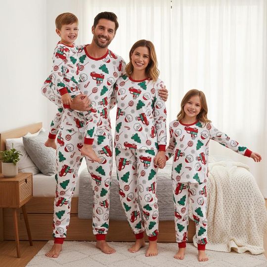 Discover Christmas Truck Pajama Set for Adults, Santa Holiday Loungewear, Family Matching Sleepwear